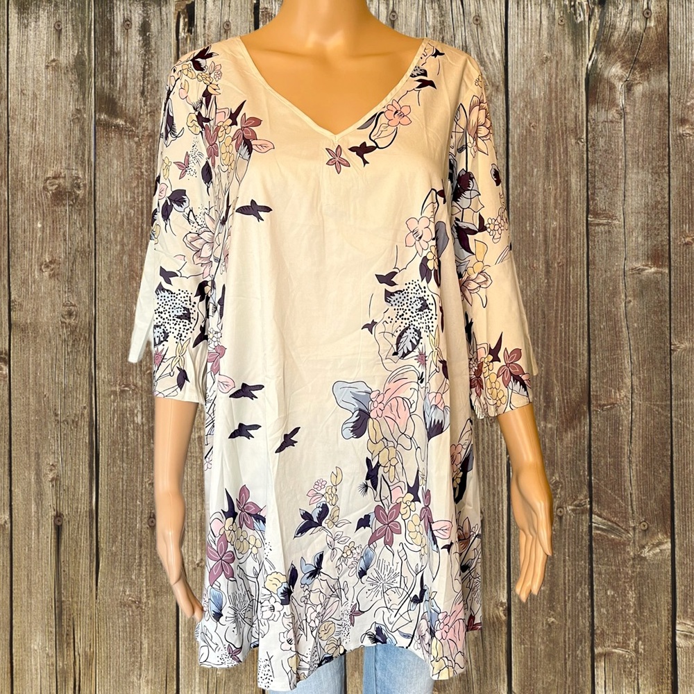 Miss look Lightweight Floral Bird 3/4 Bell Sleeve Boho Style Tunic Medium - Picture 2 of 13